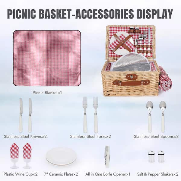 Numhew Vintage Classic 1-Piece Red Check Wicker Picnic Basket Set