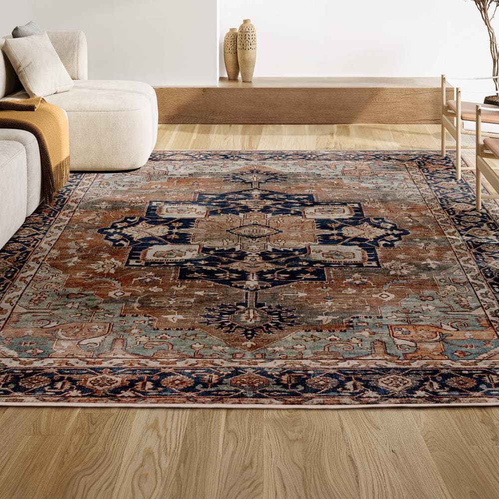 Maris Ornate Medallion Machine-Washable Beige and Blue Chenille 4' x 6' Area Rug