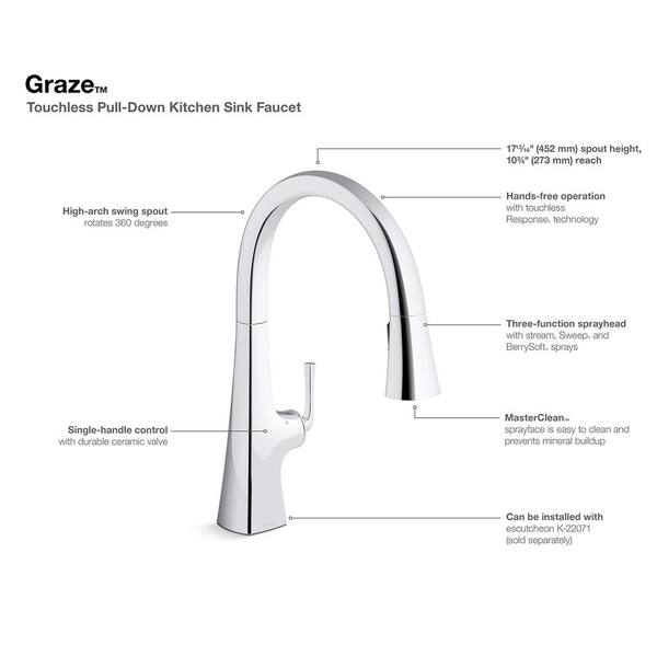 Robinet De Cuisine Kohler Graze Touchless K-22068-WB-SN - Finition Nickel Brillant - Open Box