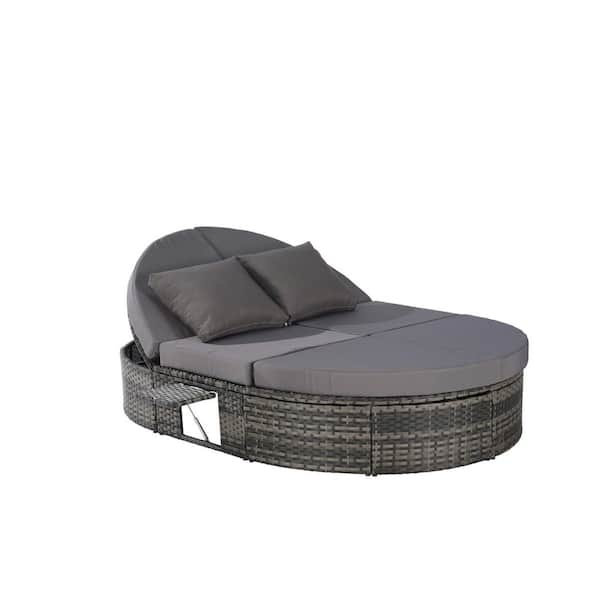 Zeus & Ruta Gray Wicker Outdoor Day Bed with Adjustable Backrests and Foldable Cup Trays Gray Cushions