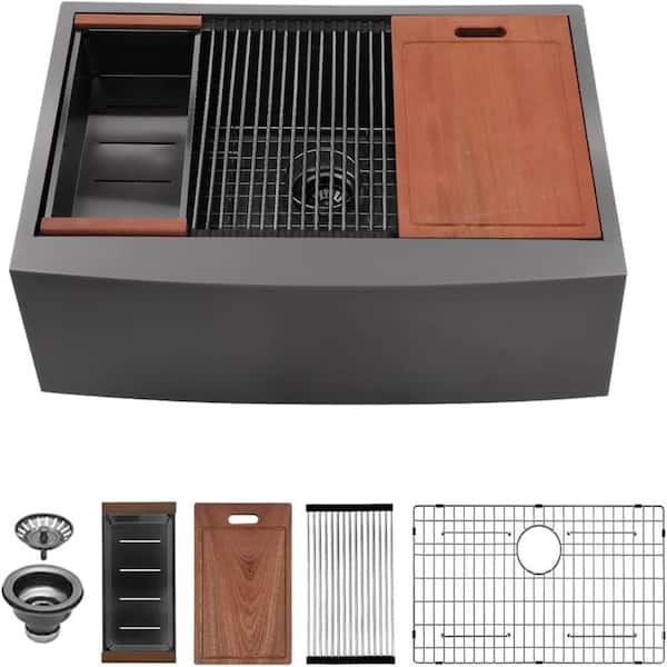36 in. Undermount Single Bowl 16-Gauge Gunmetal Black Stainless Steel Farmhouse Apron-Front Workstation Sink