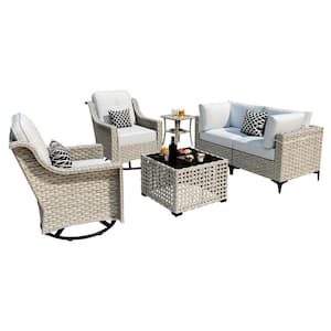 Thor 6-Piece Wicker Patio Conversation Seating Sofa Set with Gray Cushions and Swivel Rocking Chairs