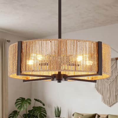 5-Light Black Dimmable Rattan Bohemian Drum Chandelier for Dining Room with Natural Rattan Shade and No Bulbs Included