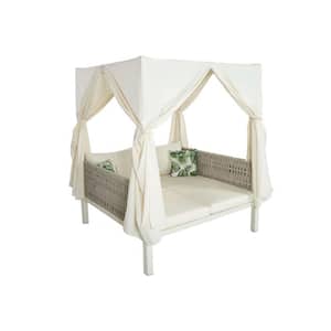1 Pcs Wicker Outdoor Patio Day Bed with Beige Cushions, Beige Curtains for Multiple Scenarios