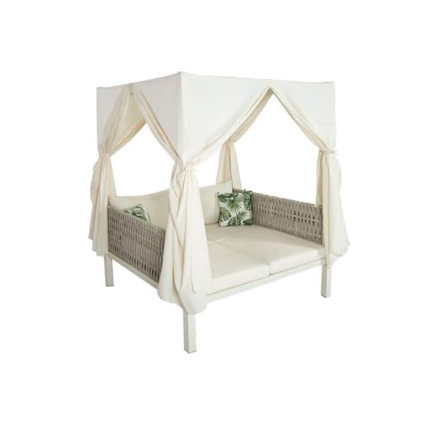 ITOPFOX 1 Pcs Wicker Outdoor Patio Day Bed with Beige Cushions, Beige Curtains for Multiple Scenarios