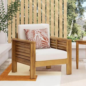 Outdoor Acacia Wood Lounge Chair with Beige Cushions, Patio Club Chairs for Patio, Deck, Yard and Garden
