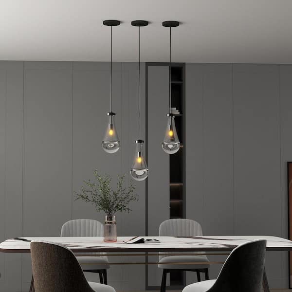 1 Light Black Pendant Light with Clear Glass Teardrop Shade and Adjustable Cord