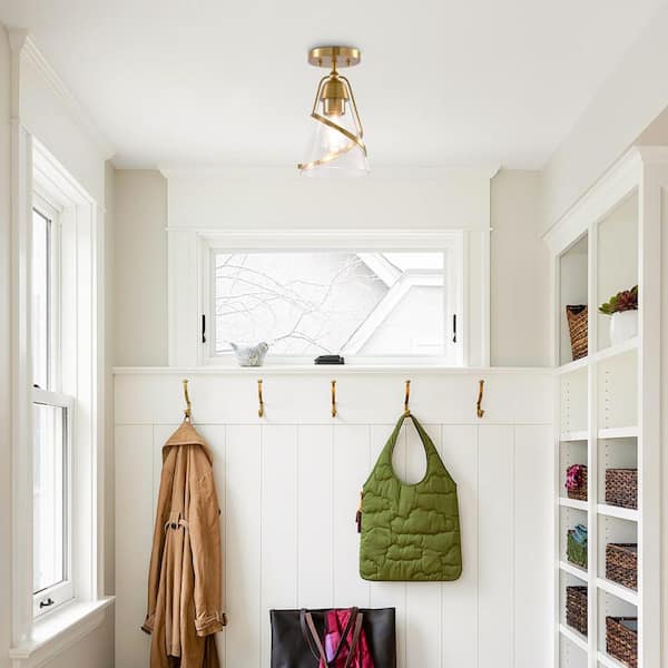 7 in. 1-Light Gold Semi-Flush Mount Ceiling Light with Shade