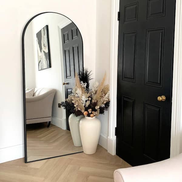 Sxiawe 22 in. W x 65 in. H Arched Aluminum Alloy Frame Black Oversized Full-length Mirror Standing Floor Mirror