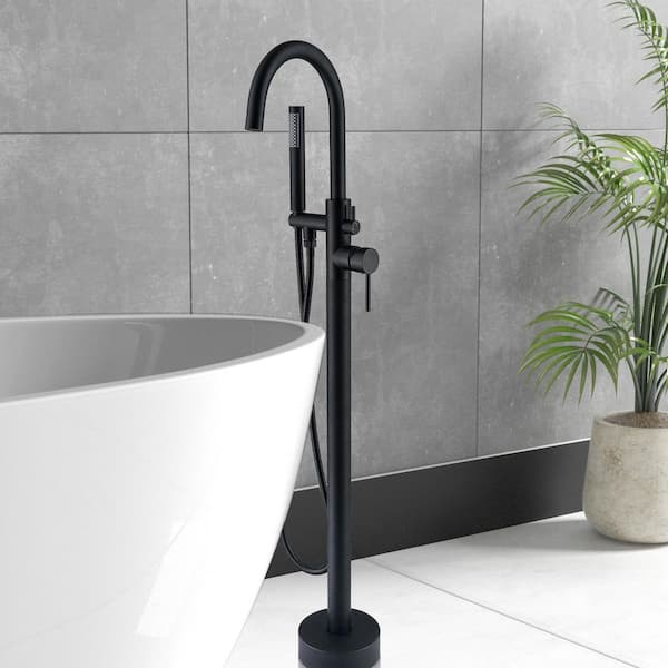 Single-Handle High Arch Floor Mount Freestanding Tub Faucet with Hand Shower in Matte Black