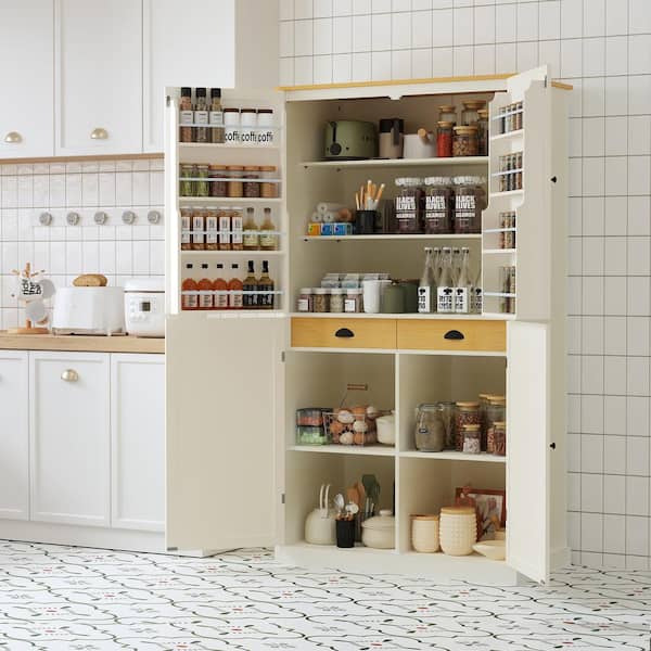 Tenleaf Cream Wood 40.2 in. W Pantry Cabinet Tall Cupboard Storage Cabinet with Adjustable Shelves and Drawer
