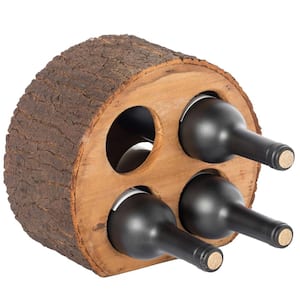 Round Wood Log Style with Bark 4-Bottle Countertop Wine Rack Holder