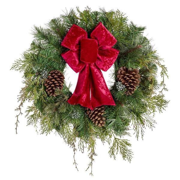 Home Accents Holiday 22 in Wreath with Pine Cones and Berries with Velvet Bow