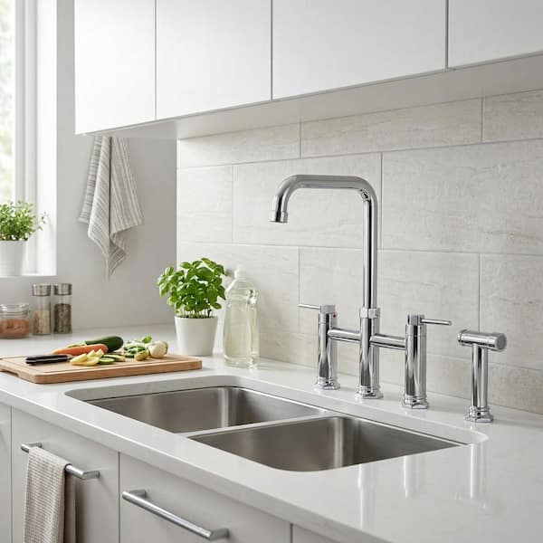 Brass Double Handle Bridge Kitchen Faucet with Side Sprayer in Polished Chrome