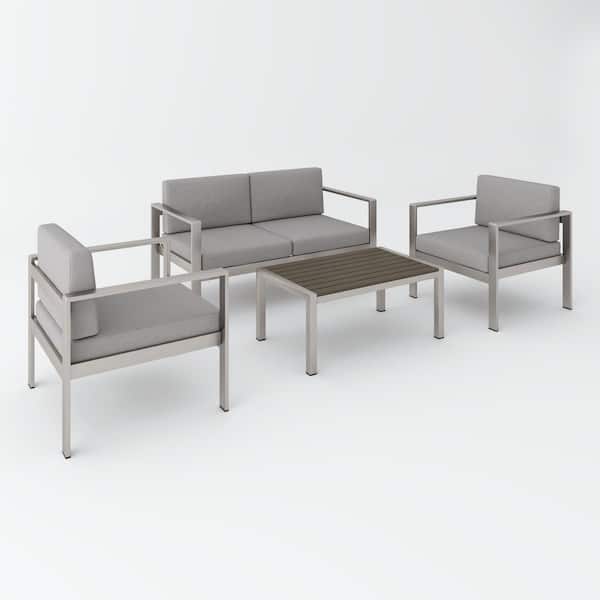 Unbranded 4 Piece Aluminum Outdoor Patio Garden Modern Sectional Sofa Seat Set Patio Conversation Set with Cushion Gray+Silver