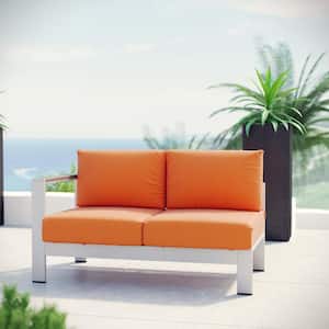 Shore Patio Aluminum Left Arm Outdoor Sectional Chair Loveseat in Silver with Orange Cushions
