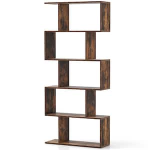 62.5 in. Tall Rustic Brown Wood 5-Tier Bookshelf Geometric S-Shaped Bookcase Room Divider Storage Display Shelf