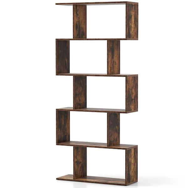 Costway 62.5 in. Tall Rustic Brown Wood 5-Tier Bookshelf Geometric S-Shaped Bookcase Room Divider Storage Display Shelf