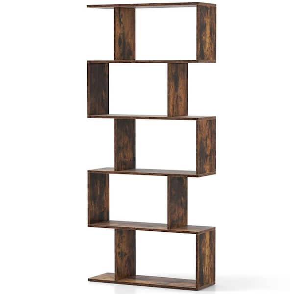 Costway 62.5 in. Tall Rustic Brown Wood 5-Tier Bookshelf Geometric S ...