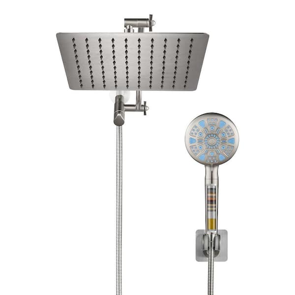 Filtration 9-Spray Wall Mount 8 in. Dual Shower Head and Handheld Shower Head with Filter 2.5 GPM in Brushed Nickel