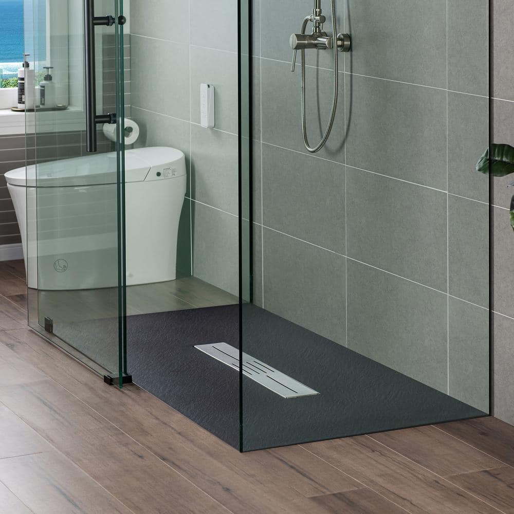 Black Solid Surface Low-Profile Rectangular Shower Base
