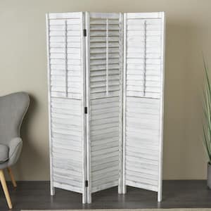 6 ft. White 3 Panel Washed Shutter Top Room Divider Screen with Gray Distressing