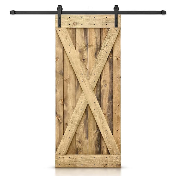CALHOME 24 in. x 84 in. Distressed X Series Weather Oak Stained DIY Wood Interior Sliding Barn Door with Hardware Kit