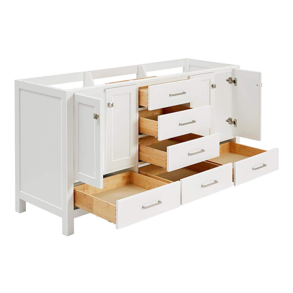 Cambridge 66" White Double Freestanding Vanity Cabinet with Brushed Nickel Hardware