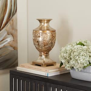 14 in. Gold Carved Polystone Decorative Vase
