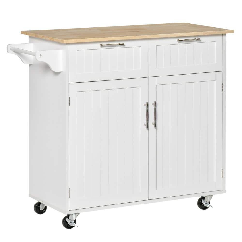 White Wood 41 in. Kitchen Island with Rubberwood Top and Drawers, Wheels