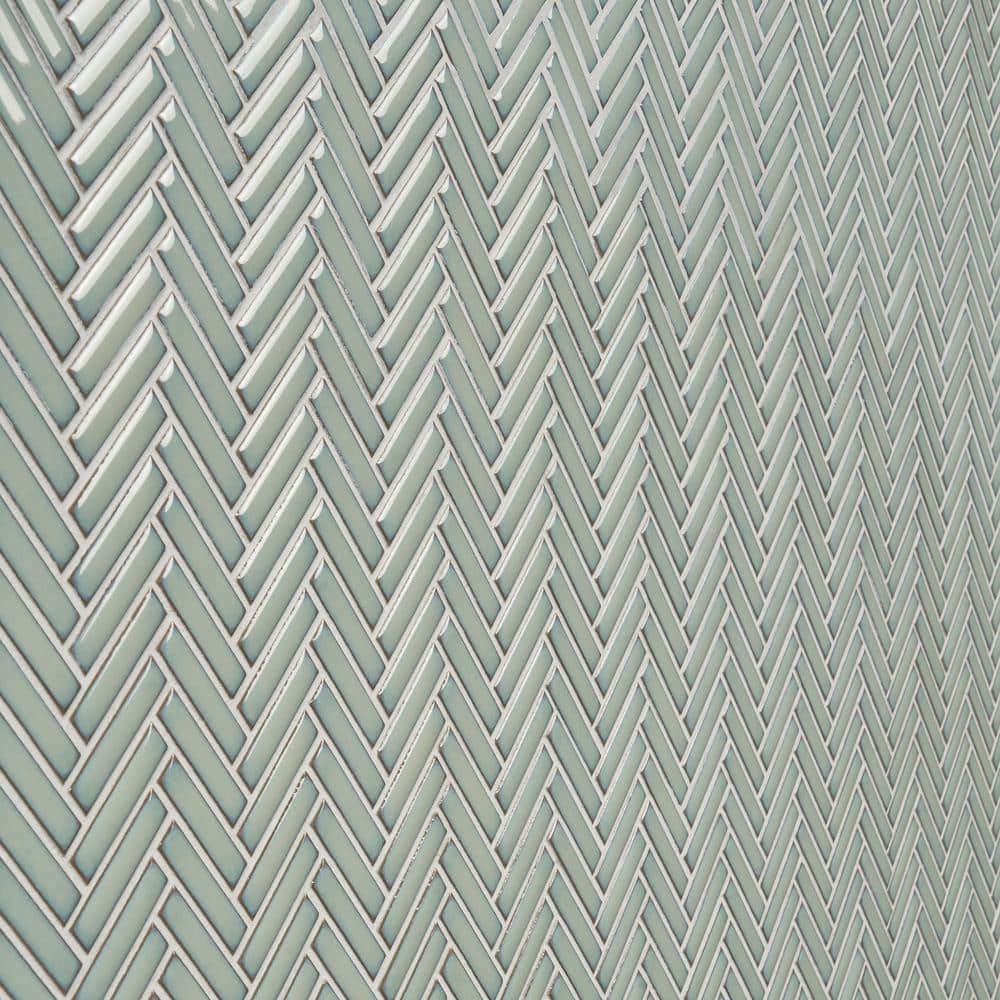 Mint Green Glossy Porcelain Herringbone Mosaic Tile 11.14 in. x 11.14 in.