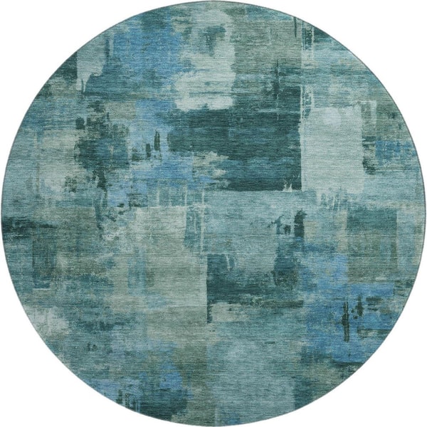 Mayfield Premium Machine Washable Abstract AMF2069 Teal 8 ft. x 8 ft. Round Rug
