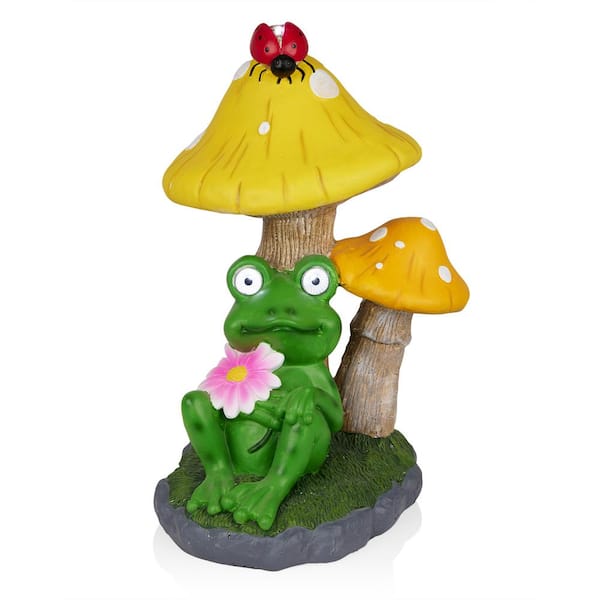 Alpine Corporation Solar Frog Relaxing Under Mushrooms Statue