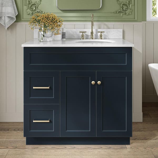 Hamlet 36 in. W x 22 in. D x 35.25 in. H Vanity in Midnight Blue with White Carrara Marble Vanity Top