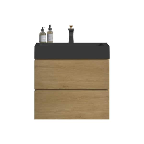 Noble 24 in. W x 18 in. D x 25 in. H Single Sink Freestanding Bath Vanity in Oak with Black Solid Surface Integral Top