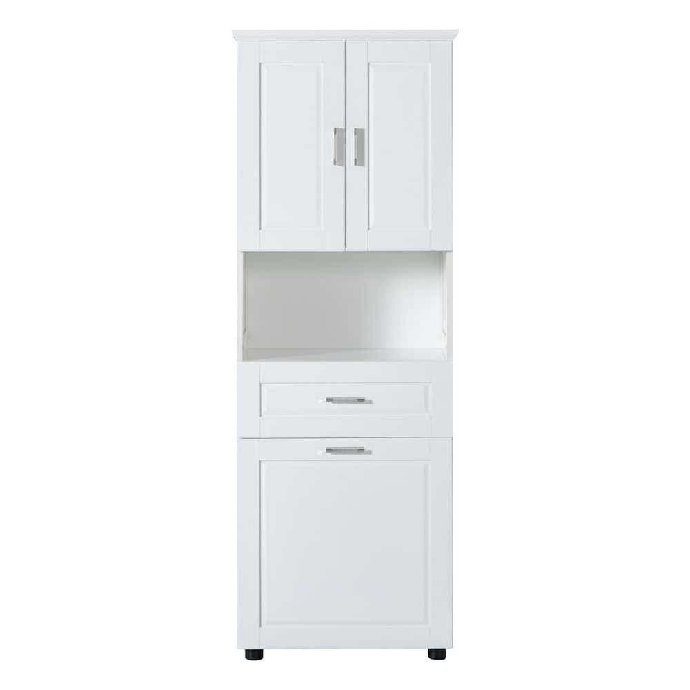 24.7 in. W x 16.3 in. D x 69.9 in. H White Linen Cabinet with Tilt-Out Laundry Hamper and Upper Storage Cabinet