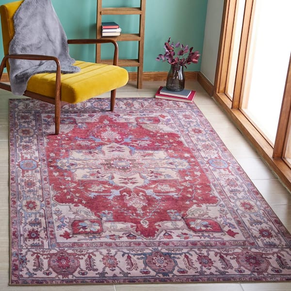 Tuscon Red/Beige 4 ft. x 4 ft. Machine Washable Floral Medallion Square Area Rug
