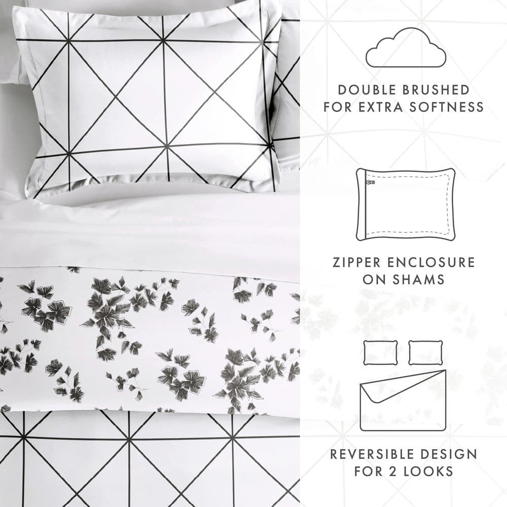 Gray and White Geometric Floral Twin/Twin XL Cotton Duvet Cover Set
