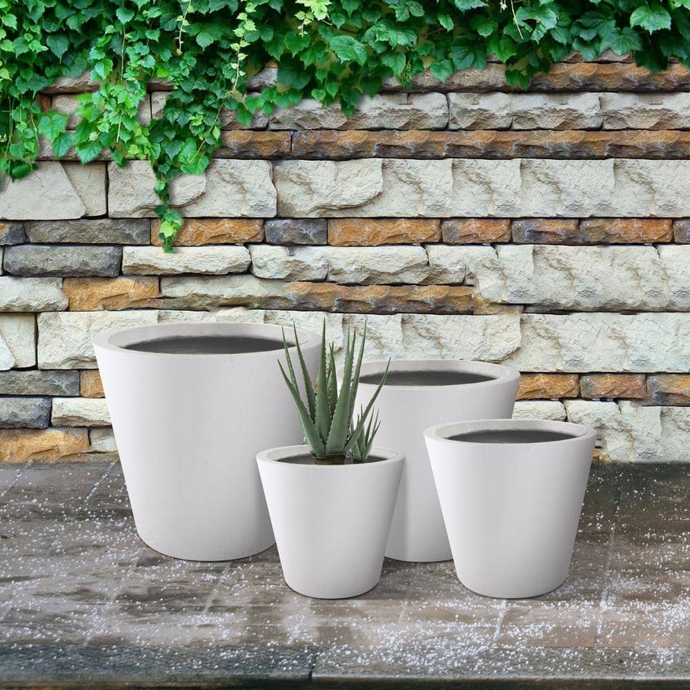 Set of 4 Pure White Lightweight Concrete Cylindrical Planters