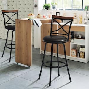 Spinach 29.1 in. Black Low Back Metal Frame Barstool With Faux Leather Swivel Seat (Set of 2)