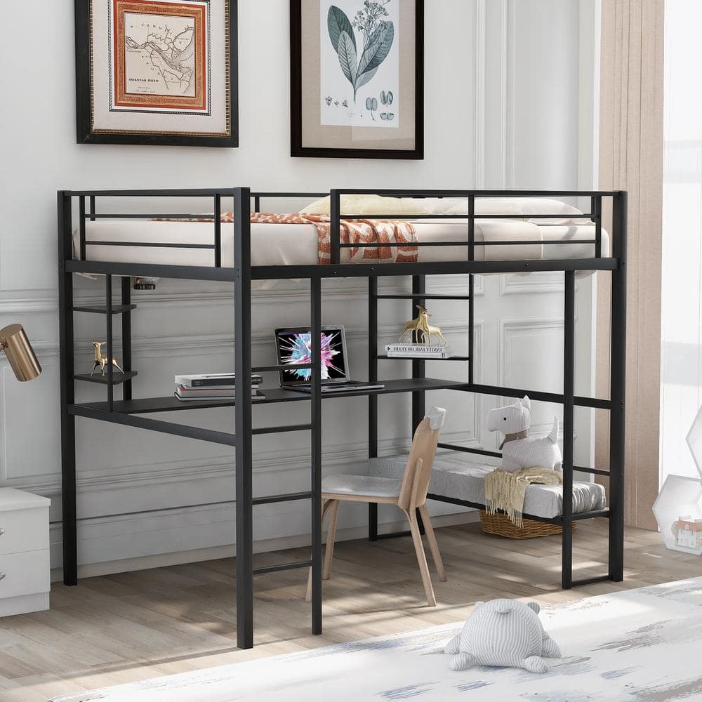 GOSALMON Black Full Size Loft Metal and MDF Bed with Long Desk and ...