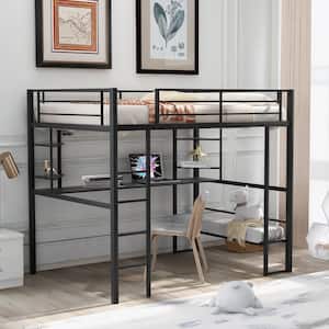 Black Full Size Loft Metal and MDF Bed with Long Desk and Shelves