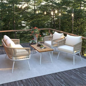 4-Piece Boho Rope Patio Conversation Set, Outdoor Furniture with Acacia Wood Table Deep Seating and Thick Cushion, Beige