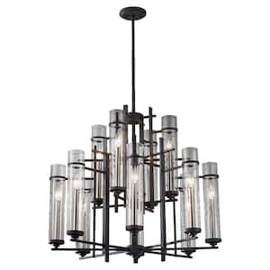Ethan 12-Light Antique Forged Iron/Brushed Steel Contemporary Industrial Multi-Tier Hanging Candlestick Chandelier