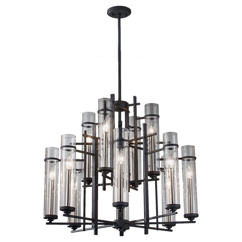 Generation Lighting Ethan 12-Light Antique Forged Iron/Brushed Steel Contemporary Industrial Multi-Tier Hanging Candlestick Chandelier -  F2629/8+4AF/BS