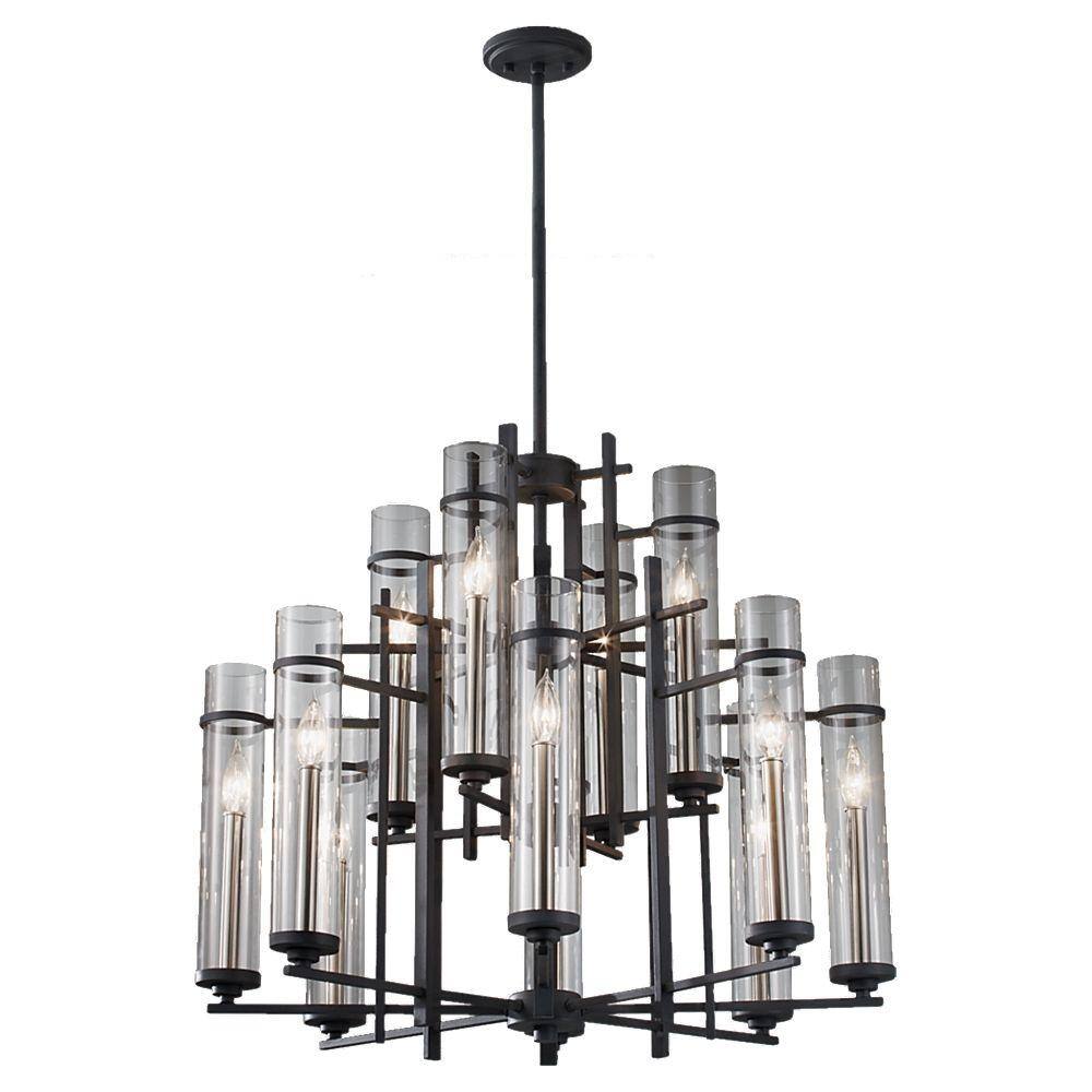 Antique Forged Iron and Brushed Steel 12-Light Chandelier with Clear Glass Shades