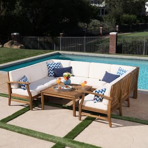Perla Teak Finish 9-Piece Wood Outdoor Sectional Set with Cream Cushions