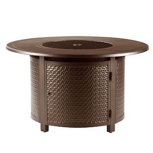 44 in. x 44 in. Brown Round Aluminum Propane Fire Pit Table with Glass Beads, 2 Covers, Lid, 55,000 BTUs