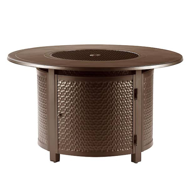 Oakland Living 44 in. x 44 in. Brown Round Aluminum Propane Fire Pit Table with Glass Beads, 2 Covers, Lid, 55,000 BTUs