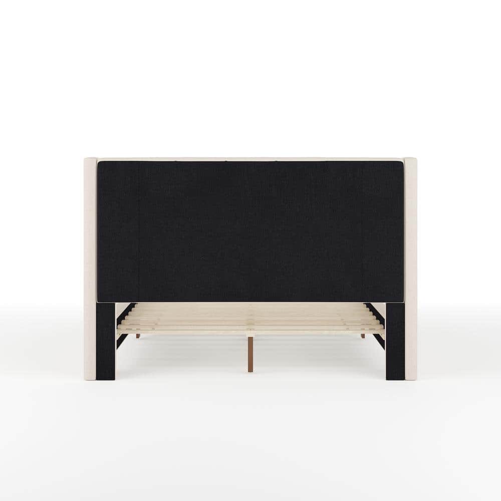 Beige Linen Upholstered Full Platform Bed with Wood Frame